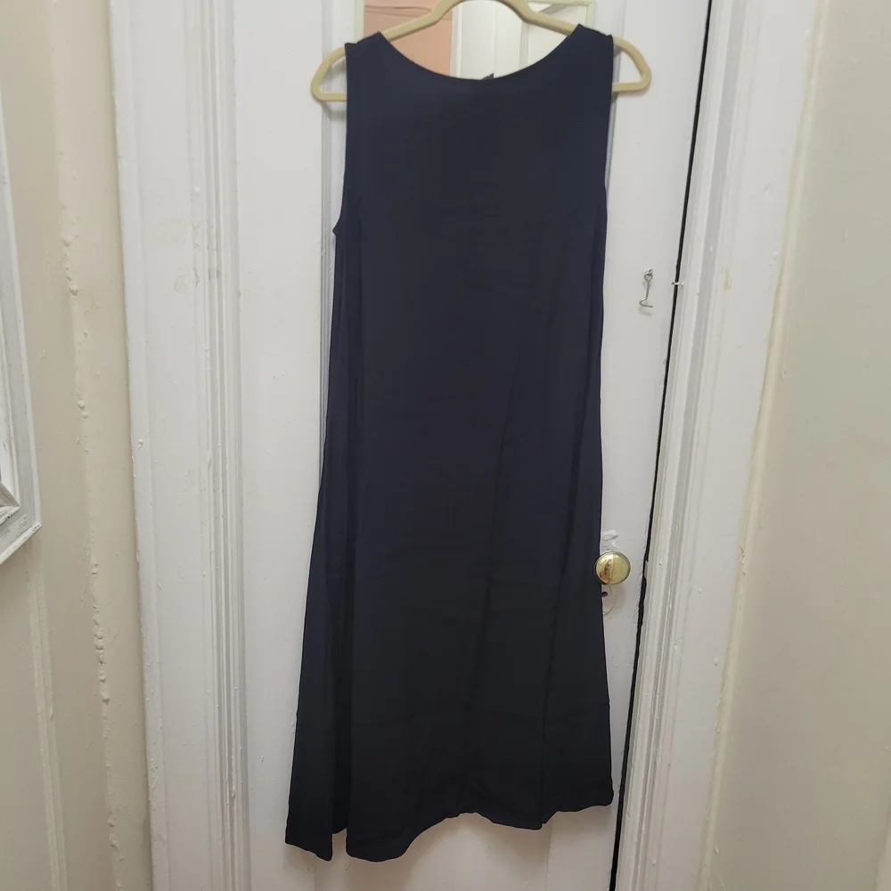 Eileen Fisher Blk Slvless Midi Dress L Minimalist Cottagecore Coastal Lagenlook‎